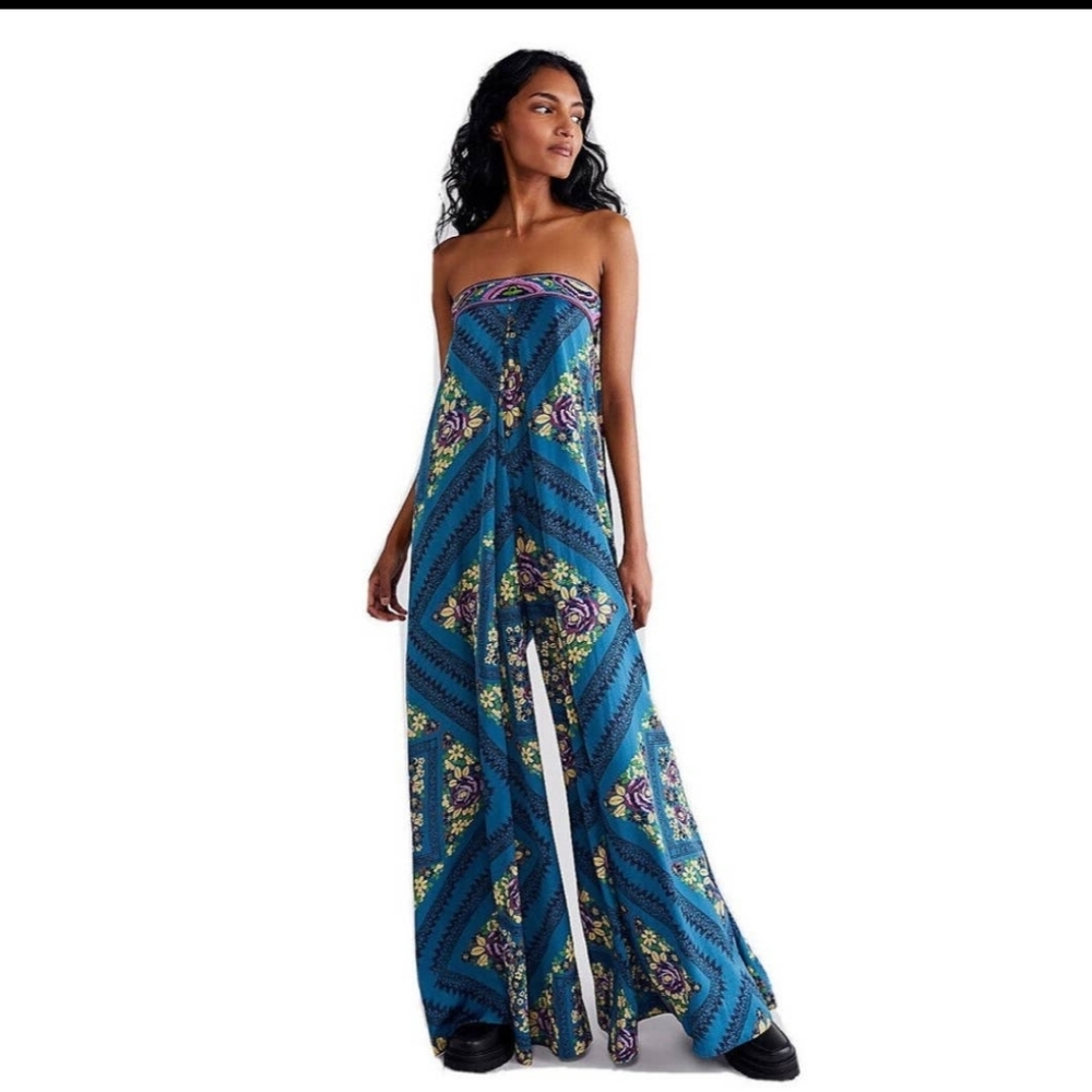 NWT $228 Free People Serendipity Jumpsuit XS Turquoise Color Print Embroidered